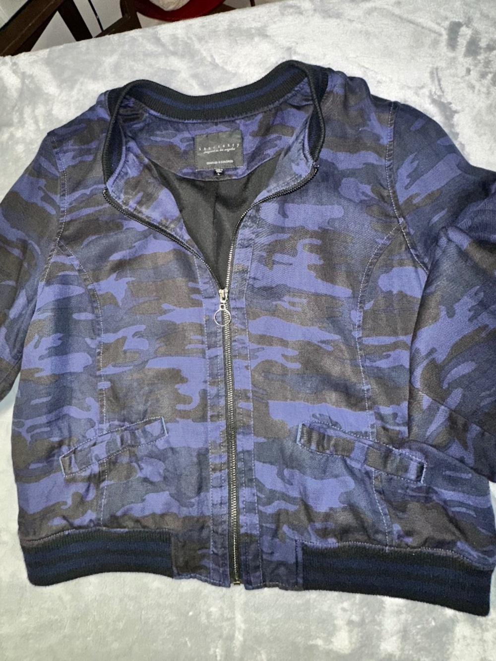 Sanctuary Bomber Jacket. Washed linen, navy blue camo.